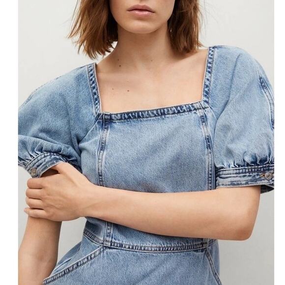 MNG Mango‎ Puff Sleeve Denim Jean Mini Dress Square Neckline 6 - Picture 2 of 7